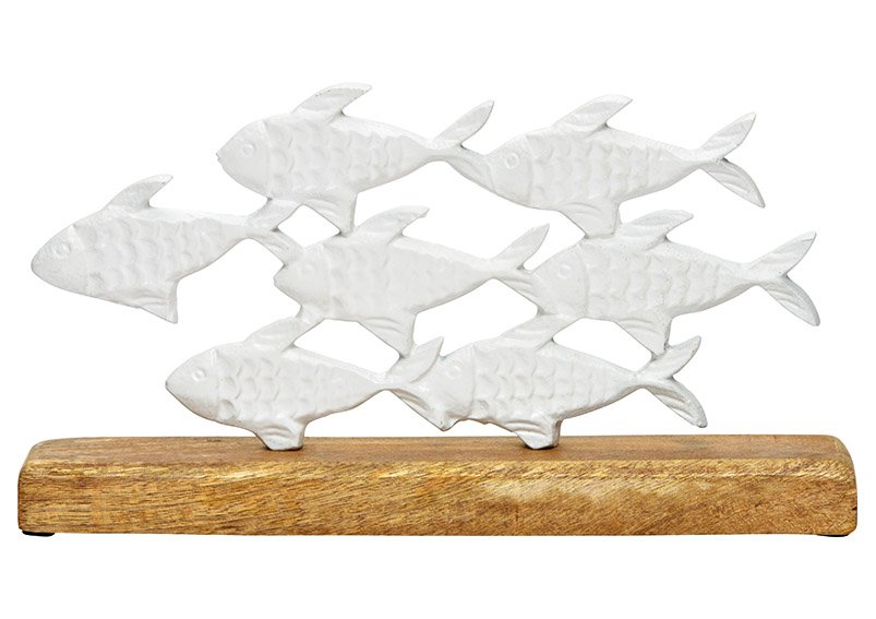 Présentoir Banc de poissons sur socle en bois de manguier, en métal blanc (L/H/P) 30x16x5cm