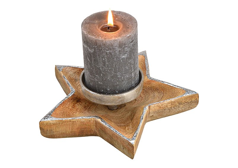 Kerzenhalter Stern aus Mangoholz, Metall Braun, Silber (B/H/T) 20x7x20cm
