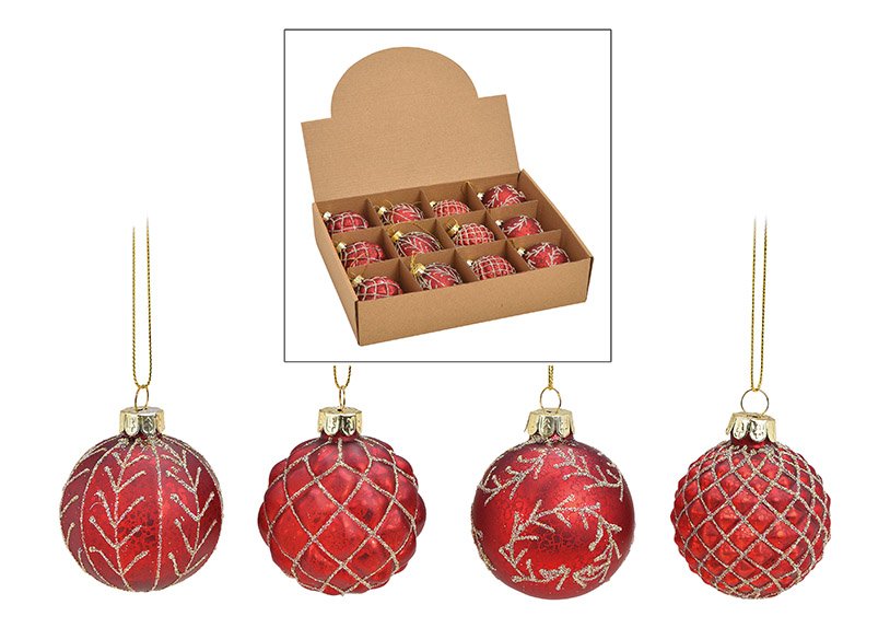 Christmasball with glitter, made of glass, 4 assorted, red, (w/h/d) 6x6x6cm