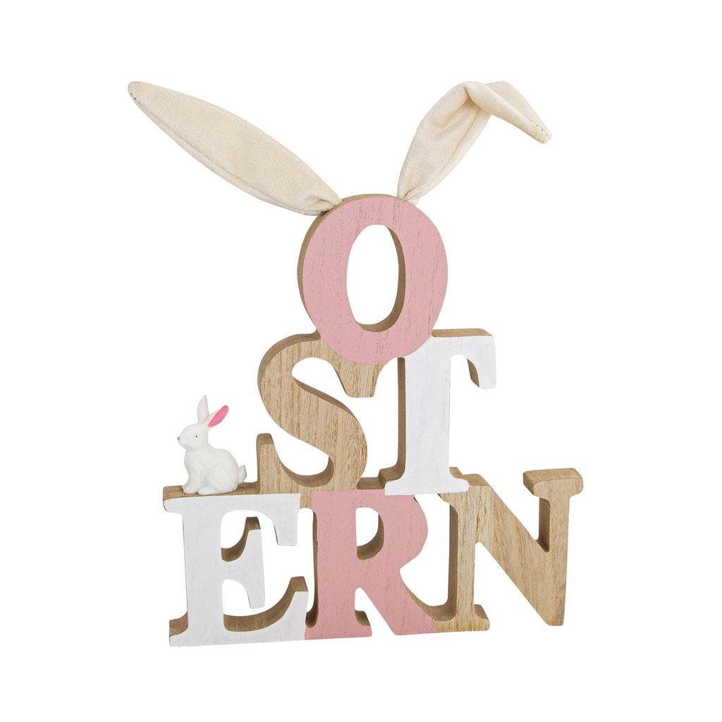 Schriftzug Ostern mit Ohren und Hase zum Stellen, Holz, 20,5x2x32cm, 1 Stck, weiß-rosa-natur