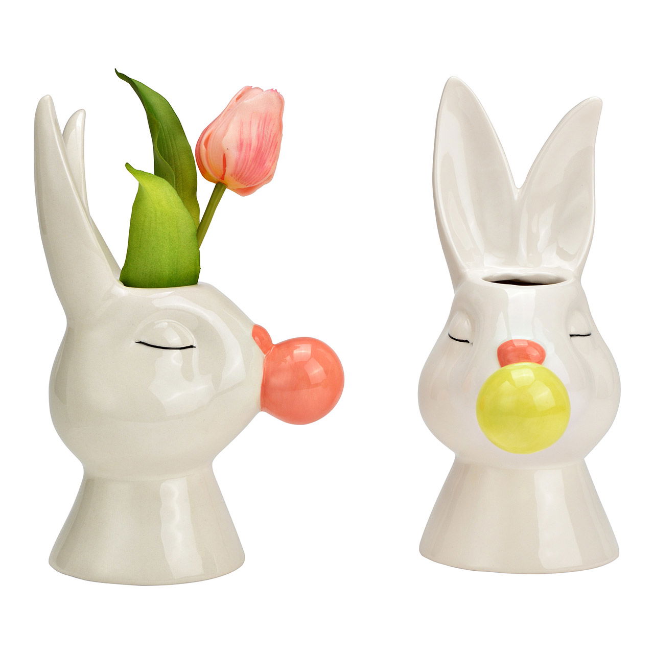 Vase lapin avec bulle de chewing-gum en céramique 2 fois, blanc/rose/vert (L/H/P) 11x22x14cm