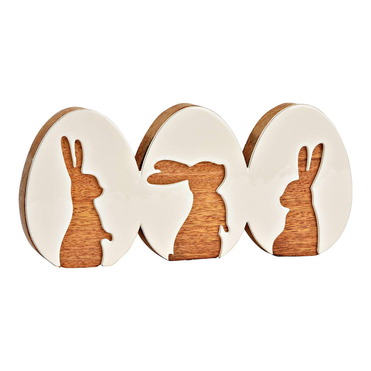 Présentoir oeufs de Pâques avec décor de lapin en bois de manguier naturel (L/H/P) 28x14x2cm