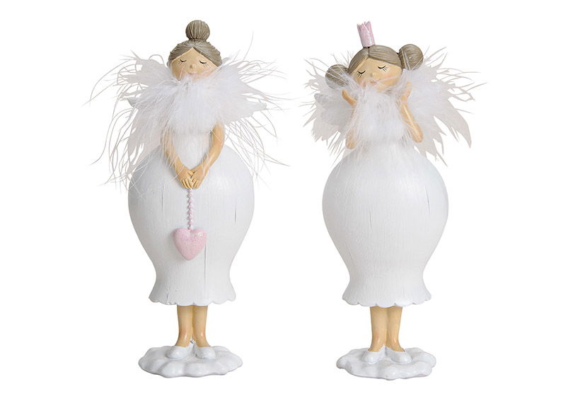 Angel, poly, with feather decor, white, 8x20x5cm