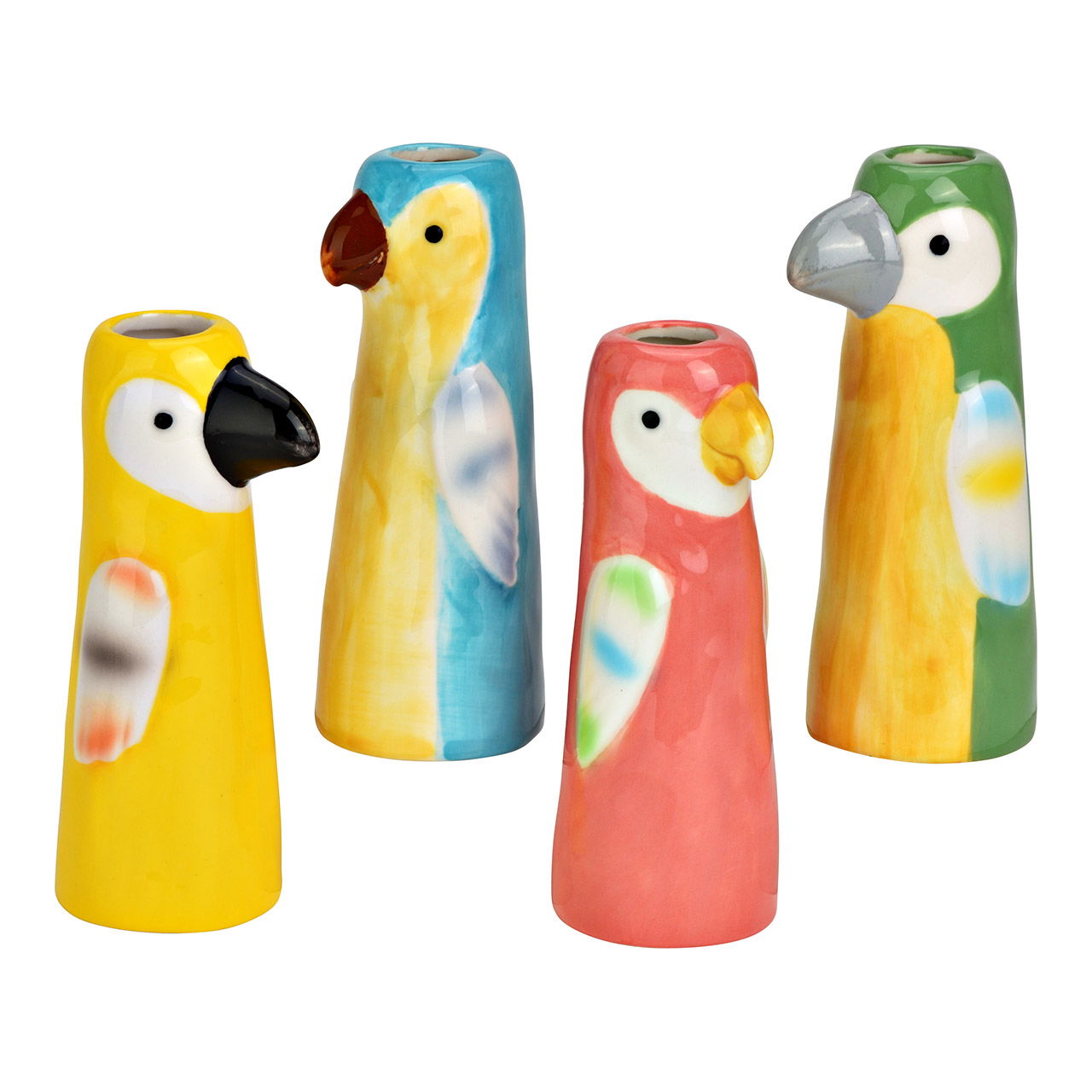 Porseleinen papegaaienvaas, 4-voudig, geel/roze/groen/blauw (B/H/D) 5x10x4cm Figur, Töpferei, Vogel, Pinguin, Krug