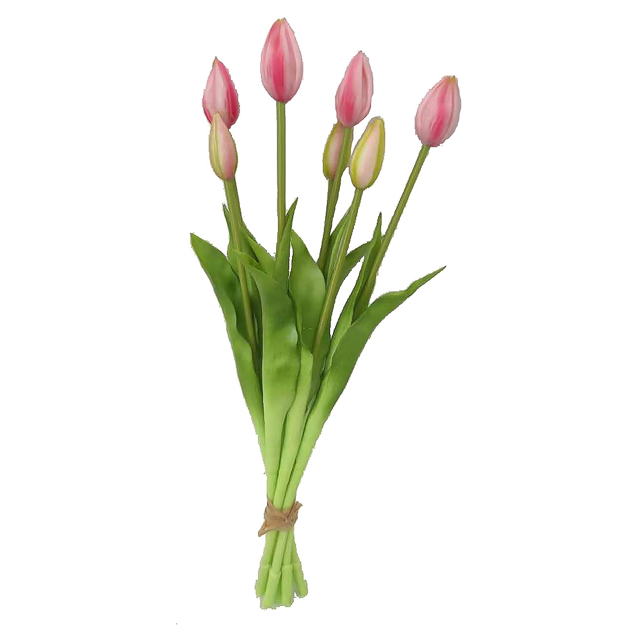 Tulpenstrauß, rosa Blüten, grüne Blätter, gebundener Strauß