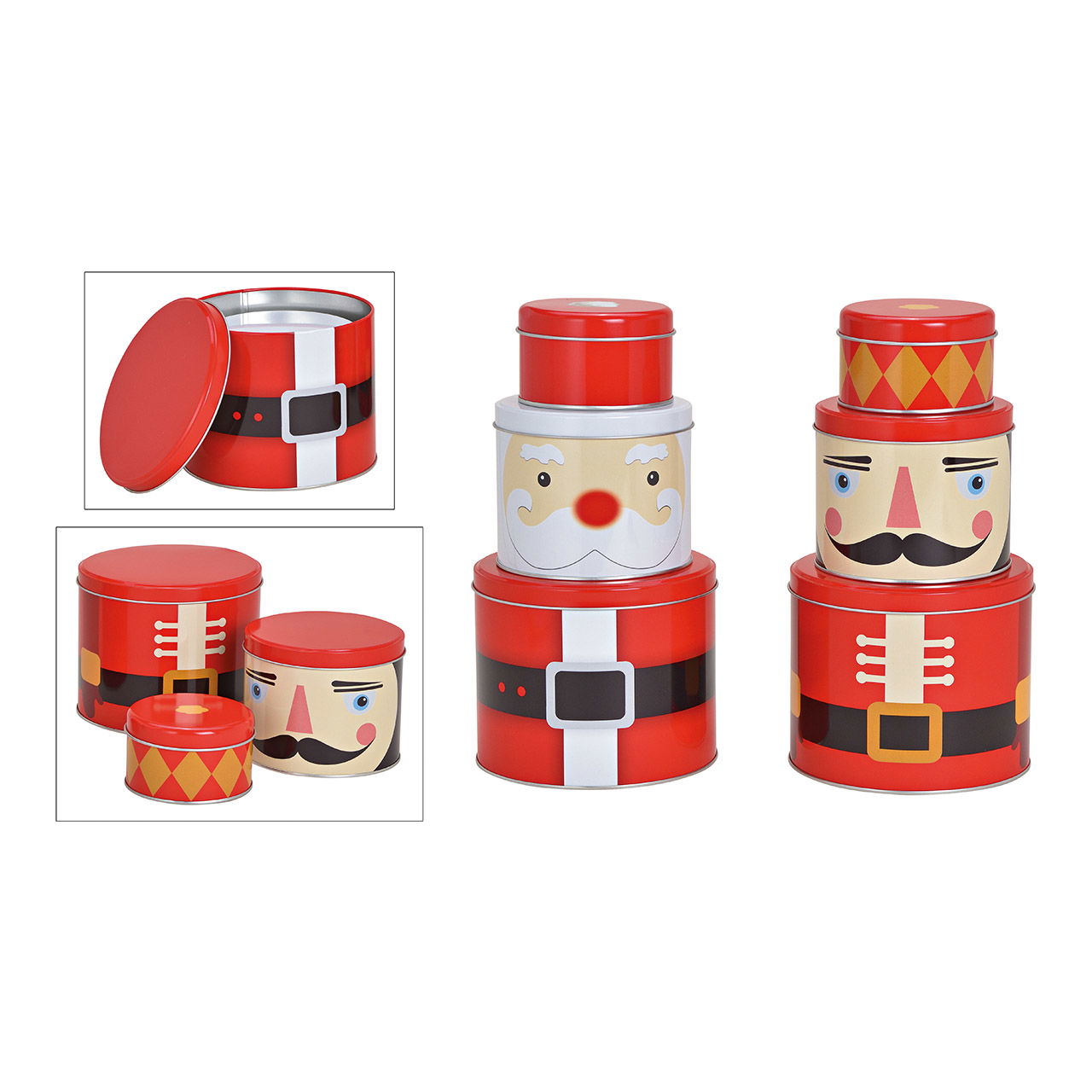 Tins Santa Claus, metal nutcracker, 3-tier red 2-fold, (W/H/D) 13x26x13cm individual sizes, 13.6 x 11.3 cm, 10.9 x 9.1 cm, 8.5 x 5.3 cm