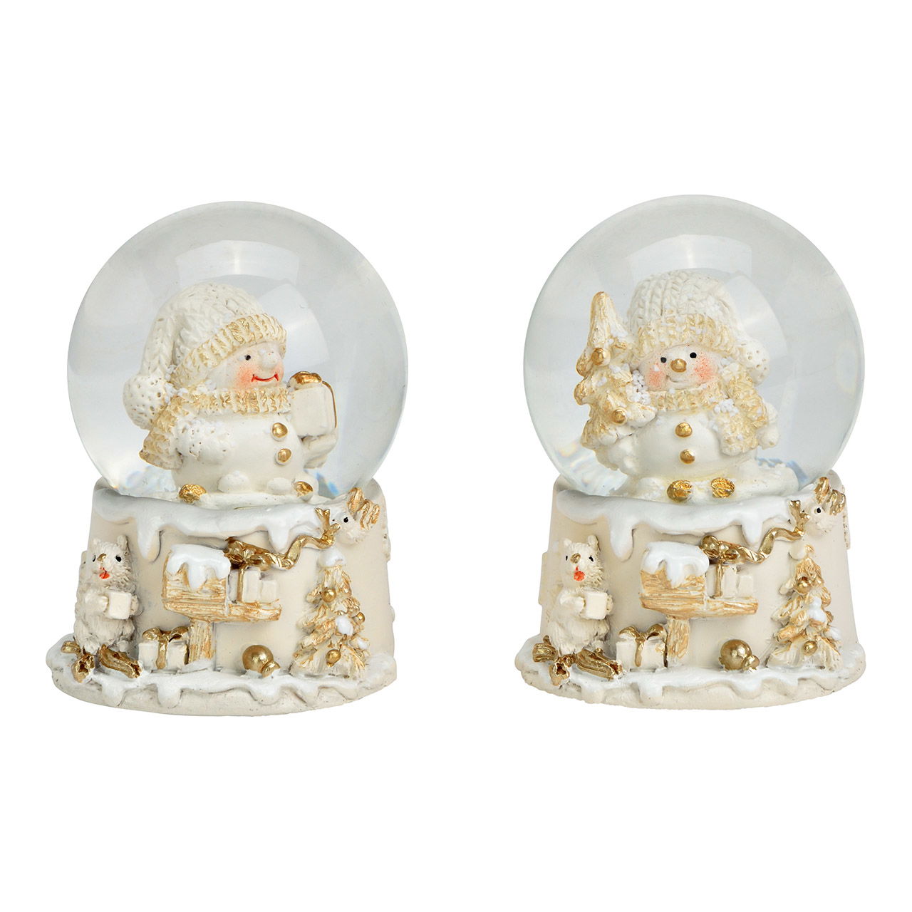 Snow globe snowman with Christmas tree/gift made of glass/poly, 2-fold, white (W/H/D) 4x6x4cm