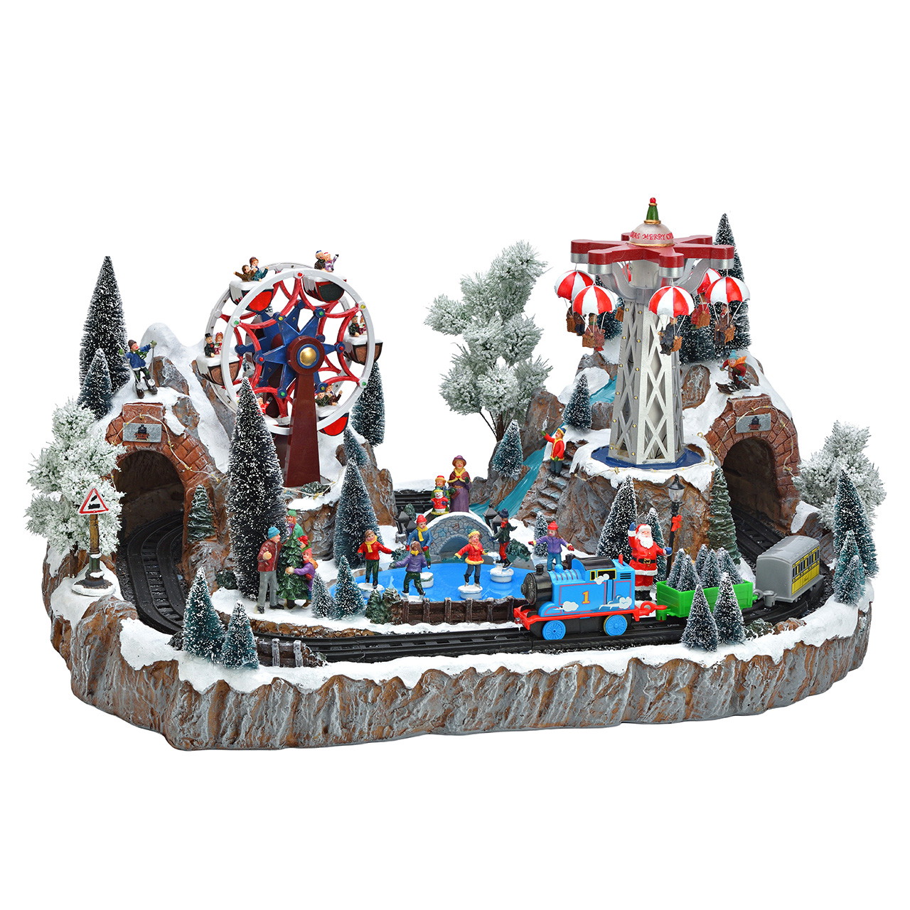 Weihnachtsdorf mit Riesenrad und Eisenbahn aus Poly Weihnachtsdekoration, Spielzeugeisenbahn, Winterlandschaft, Karussell, Schneebedeckte Bäume