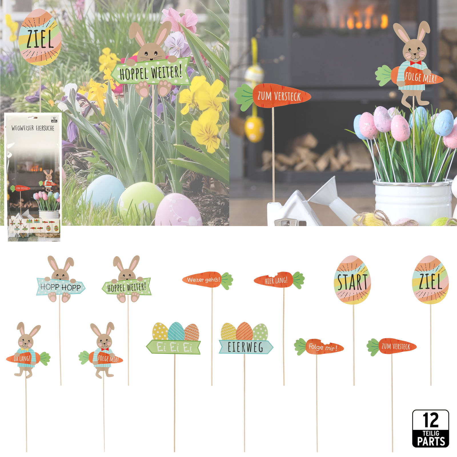 Piques décoratifs pour fleurs et panneaux de chasse aux œufs en papier/bois de bouleau, set de 12, (H) 45 cm / (L/H/P) 14x45,5x0,5 cm