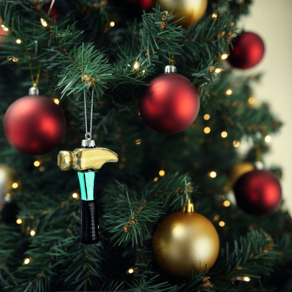 Weihnachtshänger Hammer aus Glas, Gold/Blau/Schwarz (B/H/T) 7x11x2cm Hammer, Hammer Ornament, Hammer Head, Blue Handle, Metallic Ornament