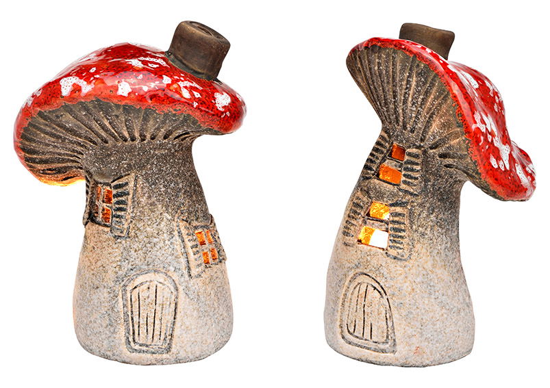 Wind light toadstool, for tea lights made of stoneware red 2-fold, (W/H/D) 11x16x11cm