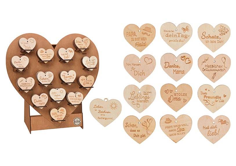 Wooden hearts 8x7cm top 14 deluxe 8cm, natural 14-fold, 140 pieces on display (w / h / d) 47x46x23cm