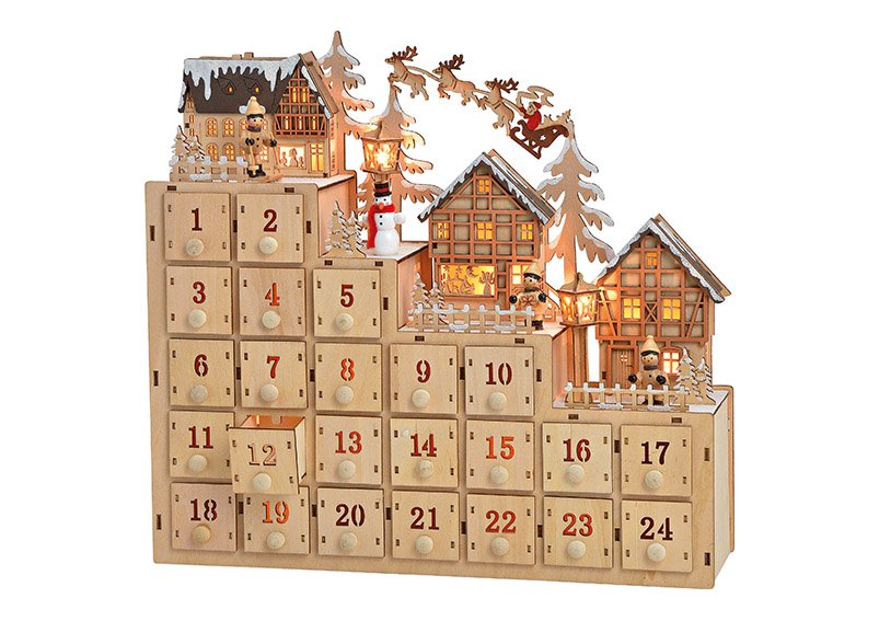 Advent calendar winter scene with lights wood, 38x34x10cm