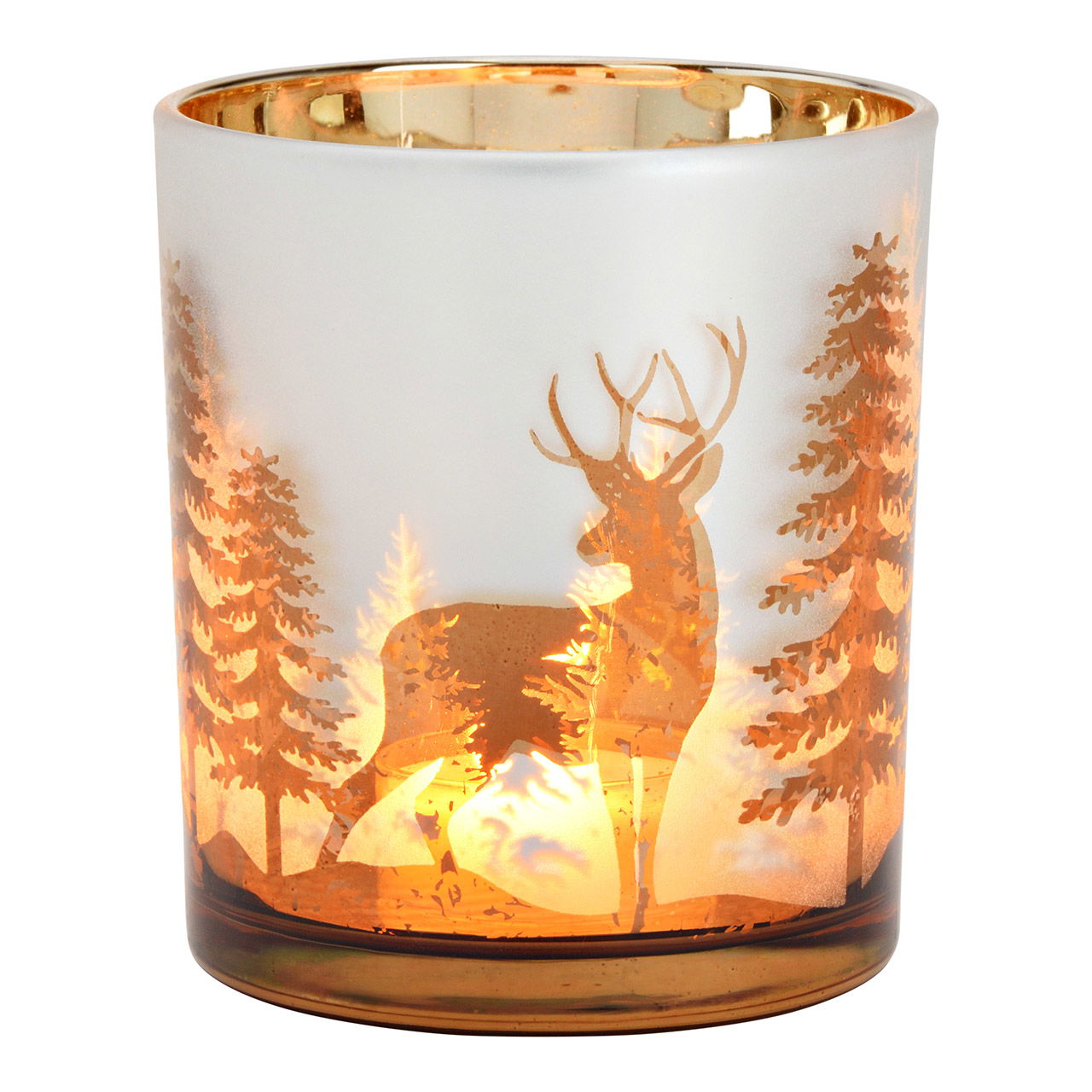 Szklana lampka z motywem jelenia w zimowym lesie, kolor szampanowy (szer. x wys. x gl.) 9 x 10 x 9 cm Pokal