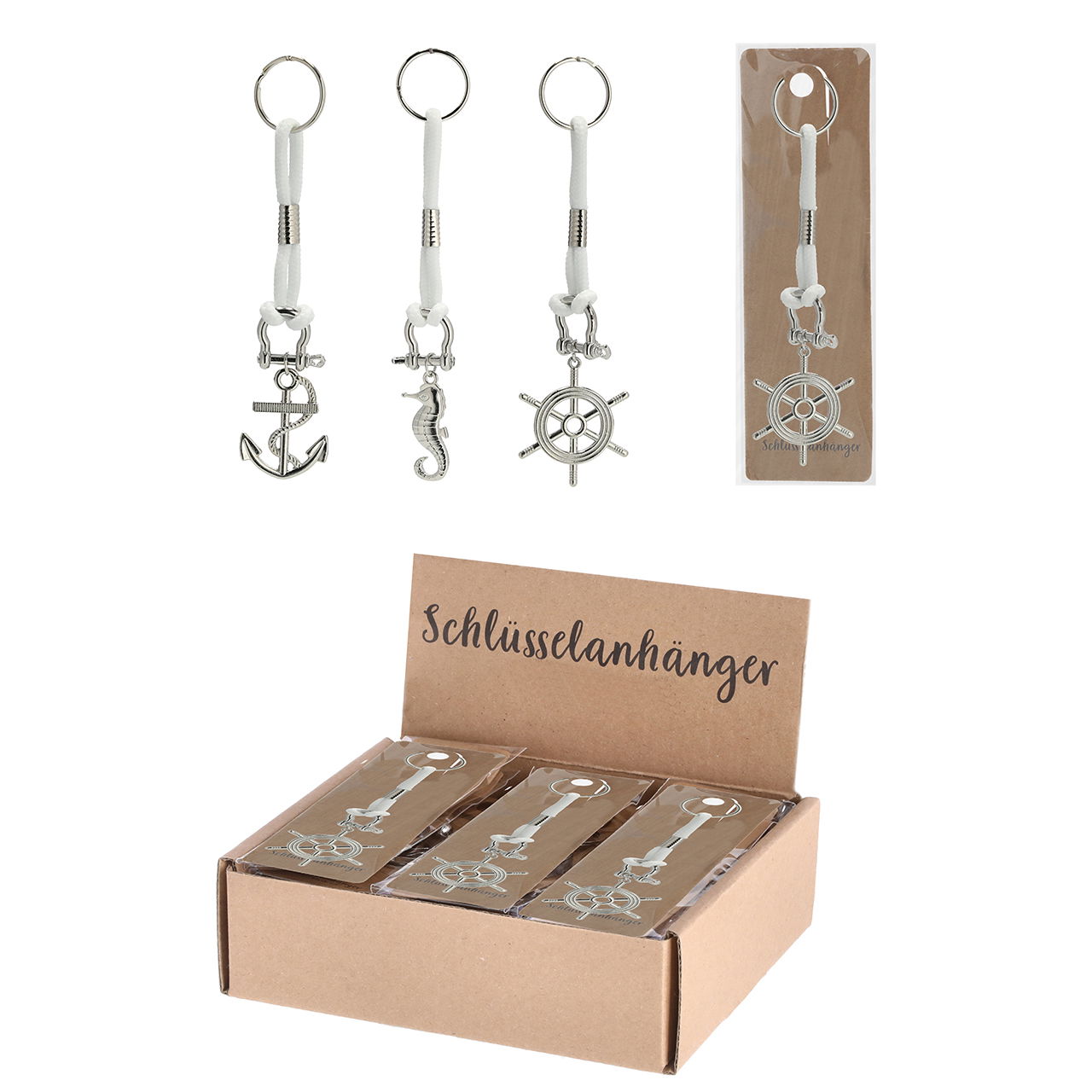 Schlüsselanhänger Maritim, Anker, Steuerrad, Seestern, Seepferd aus Metall Silber 4-fach, 24 Stk. im Graukarton Display Schlüsselanhänger Maritim, Anker, Steuerrad, Seestern, Seepferd aus Metall Silber 4-fach, 24 Stk. im Graukarton Display