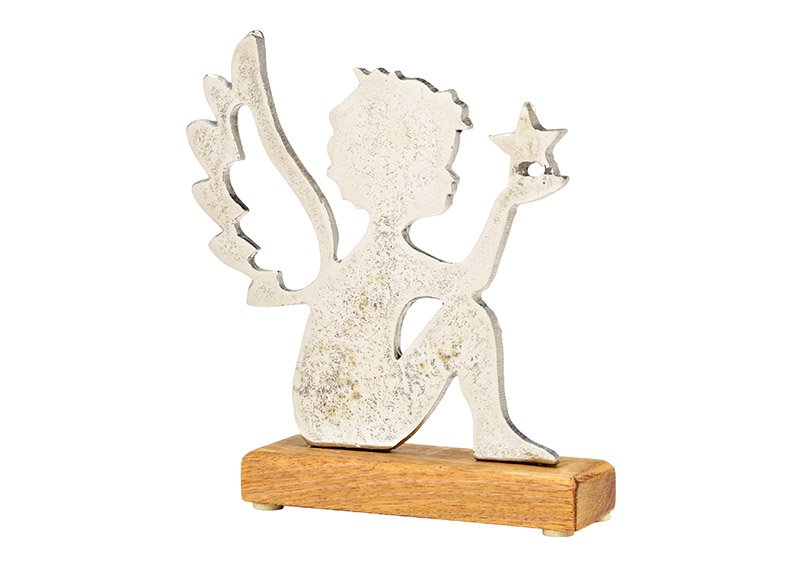 Ángel sobre base de madera de mango, metal, plata (c/h/d) 19x20x5cm