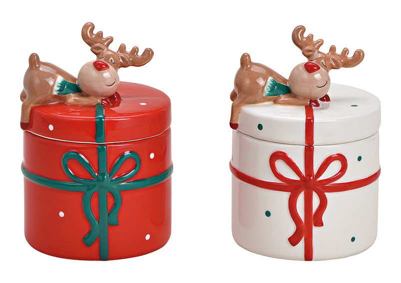 Box with elk decor made of ceramic red, white 2-asst, (w / h / d) 10x14x10cm