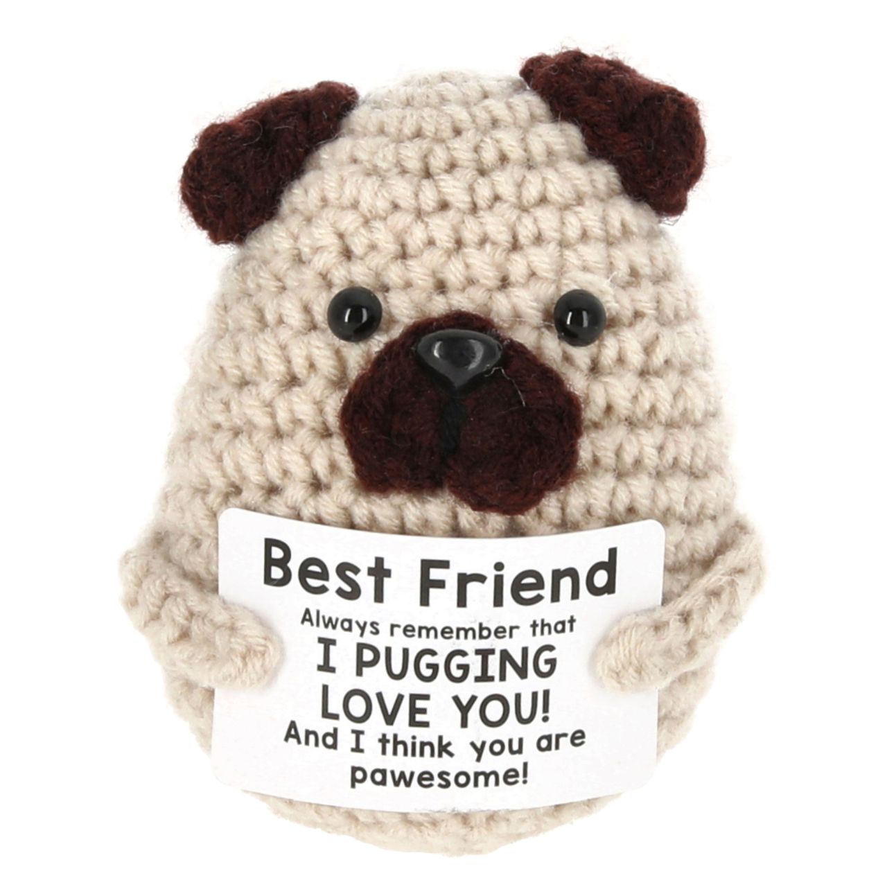 handmade, pug plush, beige knitted, brown ears, text card