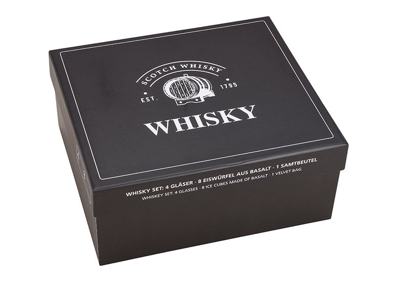 Whisky stenen set, basalt stenen ijsblokjes, 2cm, 8 blokjes met 4 glazen 9x8x9cm 300ml, 26,6x11,5x23,6cm