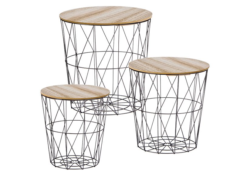 Table set basket, flamed, MDF, iron, set of 3, (W/H/D) 39x40x39cm, 34x35x34cm, 29x30x29cm