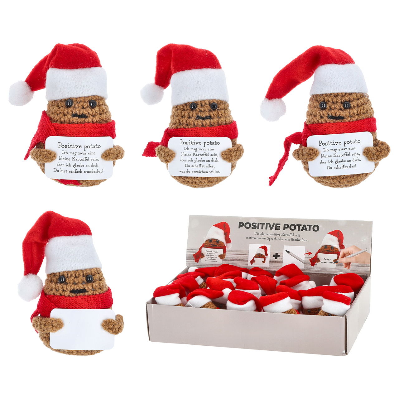 Positive Potato Weihnachten mit Spruch/selber Beschriften aus Textil, 4-fach, Braun/Rot/Weiß (B/H/T) 4x7x4cm 24er-Display Plüsch, Spielzeug, Elf