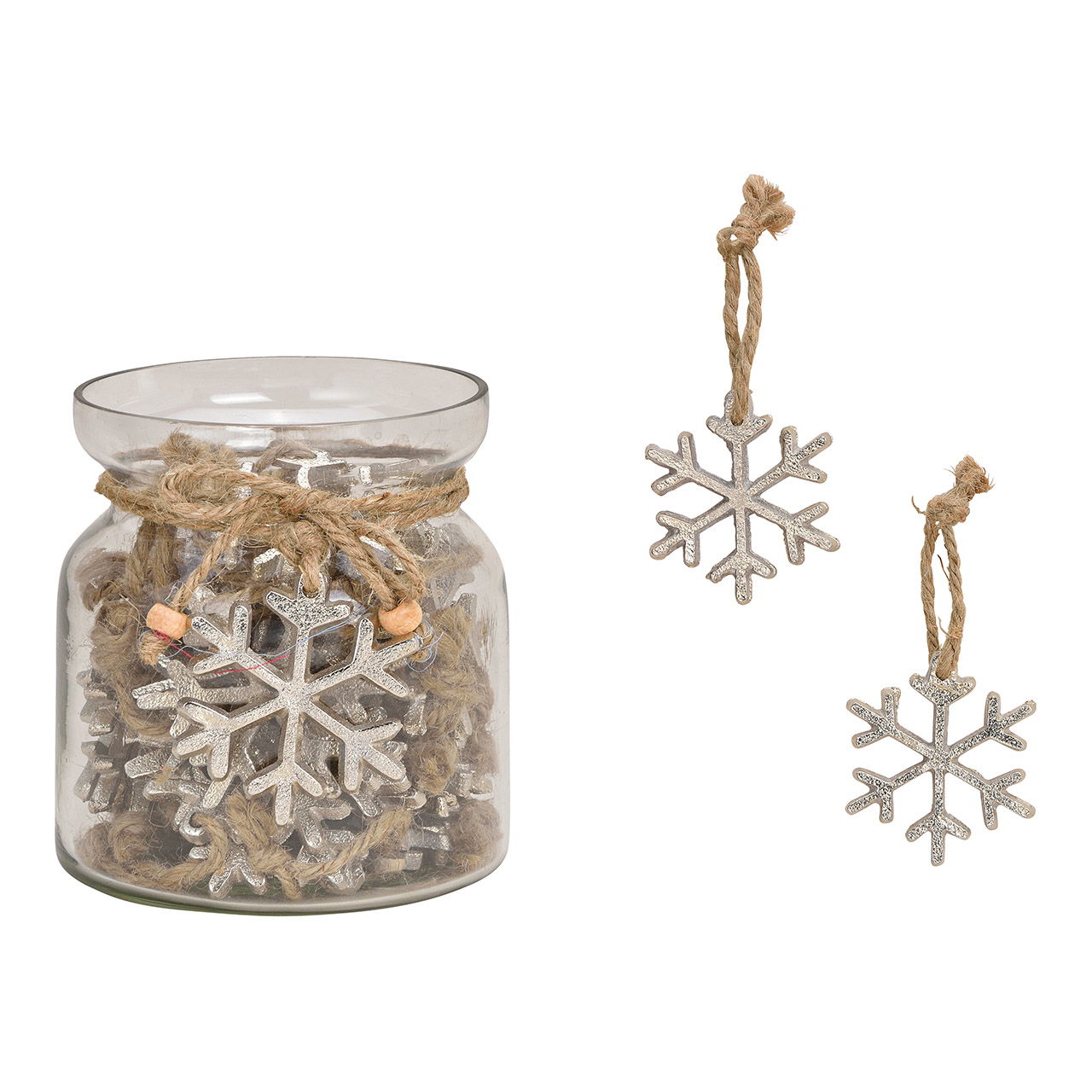 Colgante copo de nieve de metal plateado (c/h/d) 6x5x0,5 cm, 30 piezas en vidrio 10x12x10cm