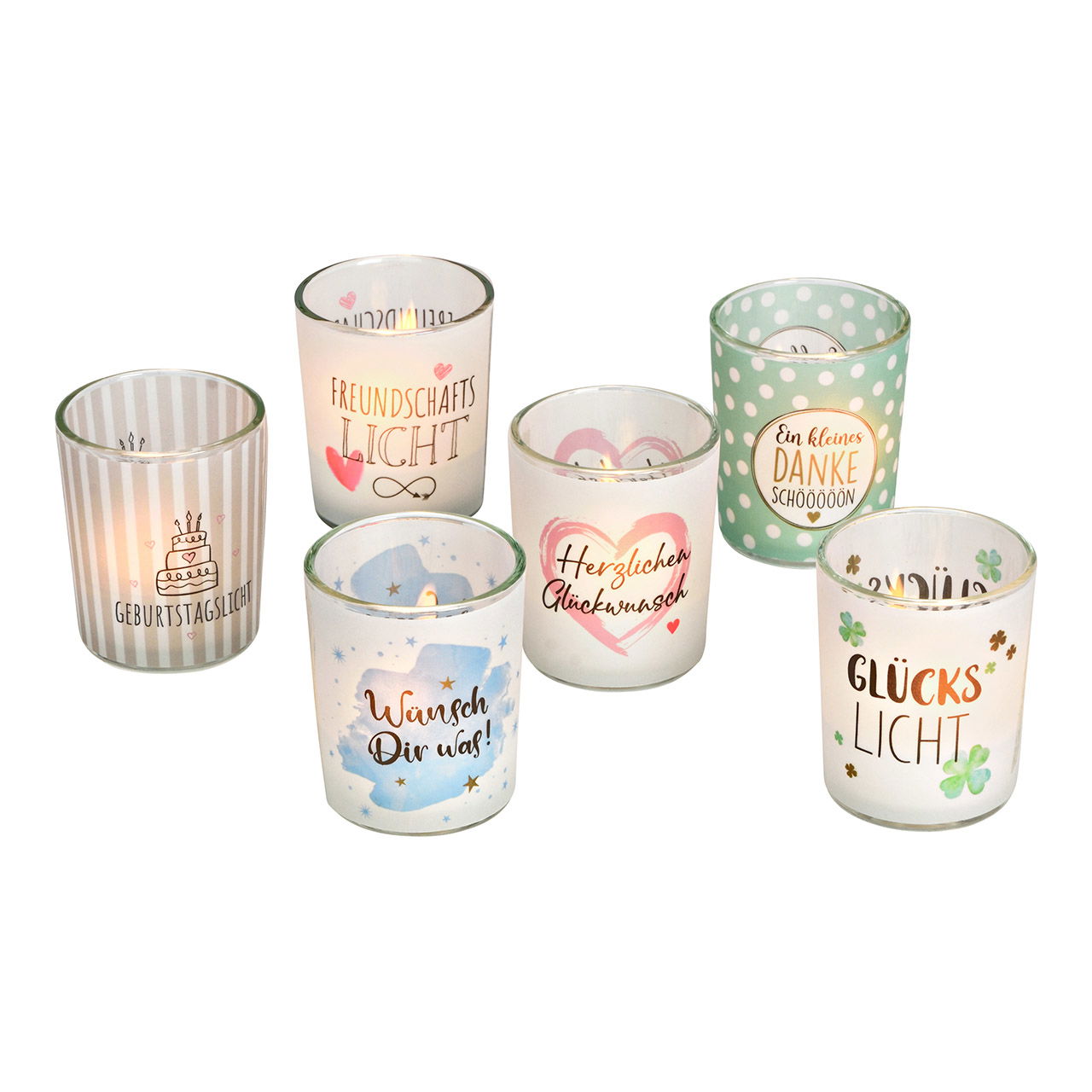 Windlicht Wunschlicht mit Sprüchen aus Glas, 6-fach, Bunt (B/H/T) 5x6x5cm Windlicht Wunschlicht mit Sprüchen aus Glas, 6-fach, Bunt (B/H/T) 5x6x5cm