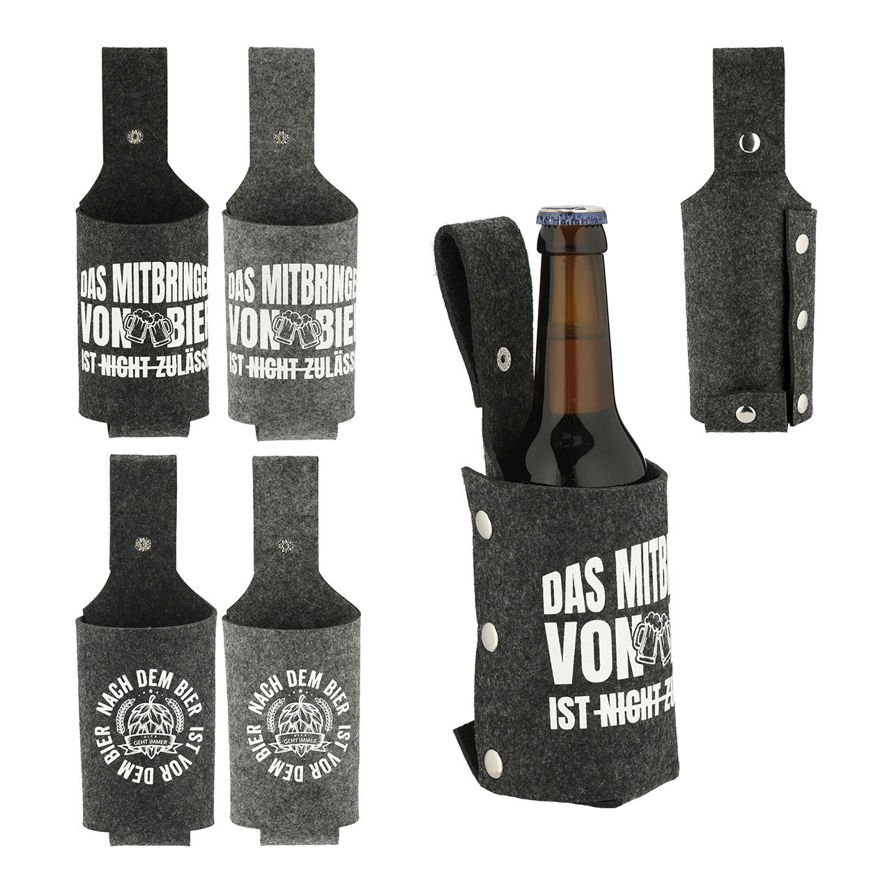 Felt beer holder with slogans made of felt gray 4-fold, (W/H/D) 24x8x1cm Felt beer holder with slogans made of felt gray 4-fold, (W/H/D) 24x8x1cm