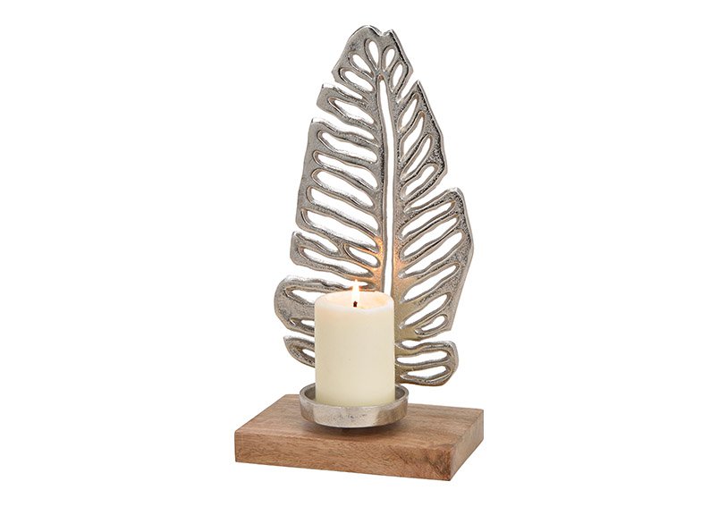 Kerzenhalter Tropical Blatt aus Metall auf Mangoholz Sockel Silber (B/H/T) 18x36x13cm