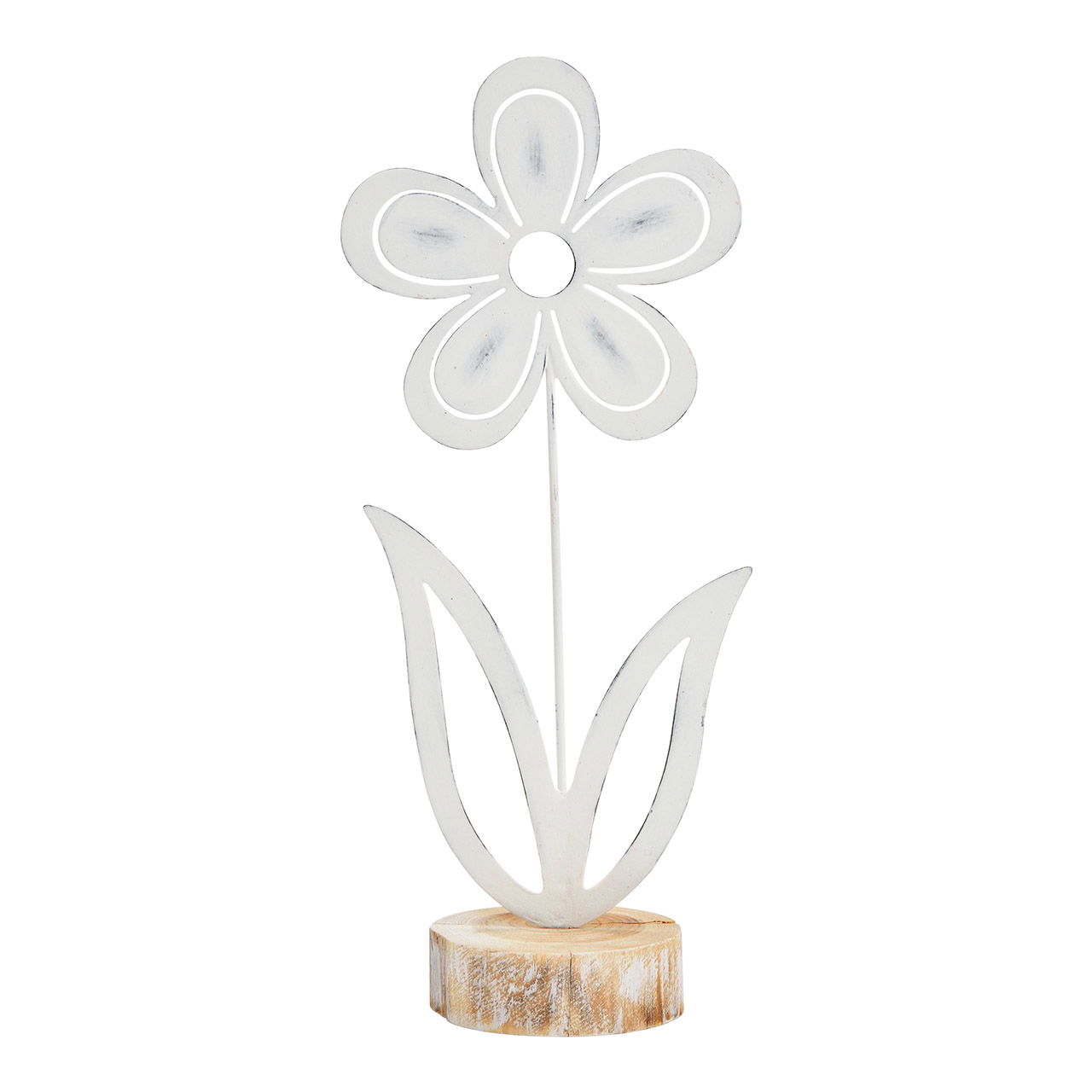 Flor sobre base de madera de metal blanco (A/A/P) 14x32x9cm