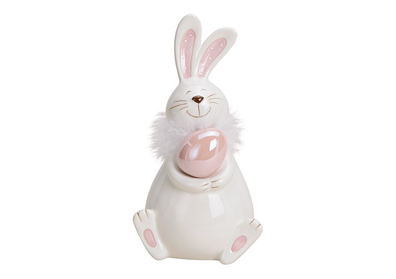 Coniglietto con uovo, ceramica bianca, rosa (L/H/D) 11x20x10cm