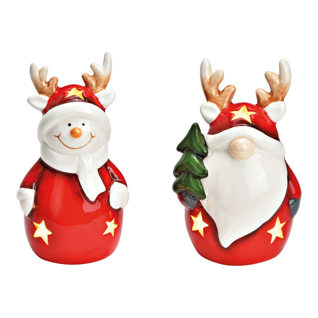 Babbo Natale segreto, pupazzo di neve con LED in ceramica rosso/bianco 2 pieghe, (L/H/D) 8x12x7cm