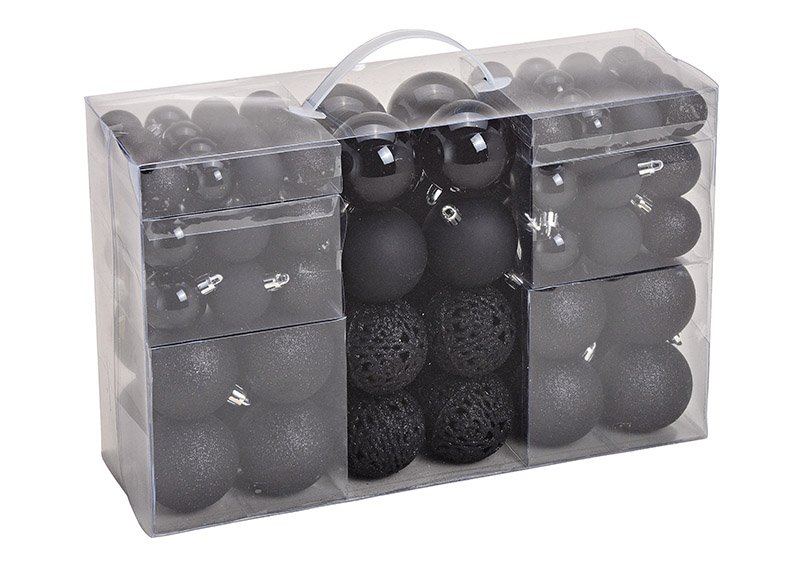 Xmas ball set of 100, plastic, black, 35x23x12cm ø3/4/6cm