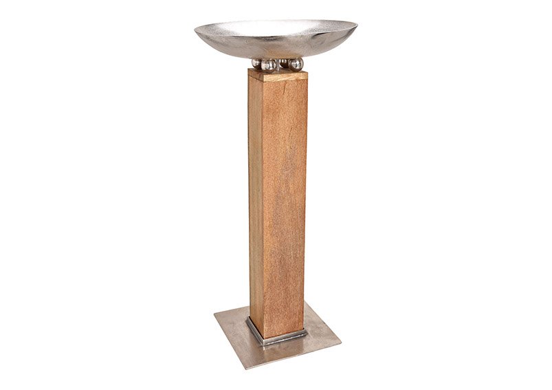 Bowl metal on mango wood pillar, brown, silver color, 59x127x59cm