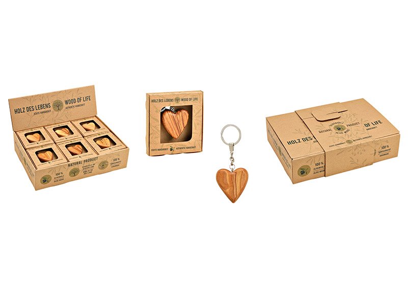 Sleutelhanger hart in geschenkverpakking, handgemaakt van olijfhout, (B/H/D) 2x1,8x0,5 cm