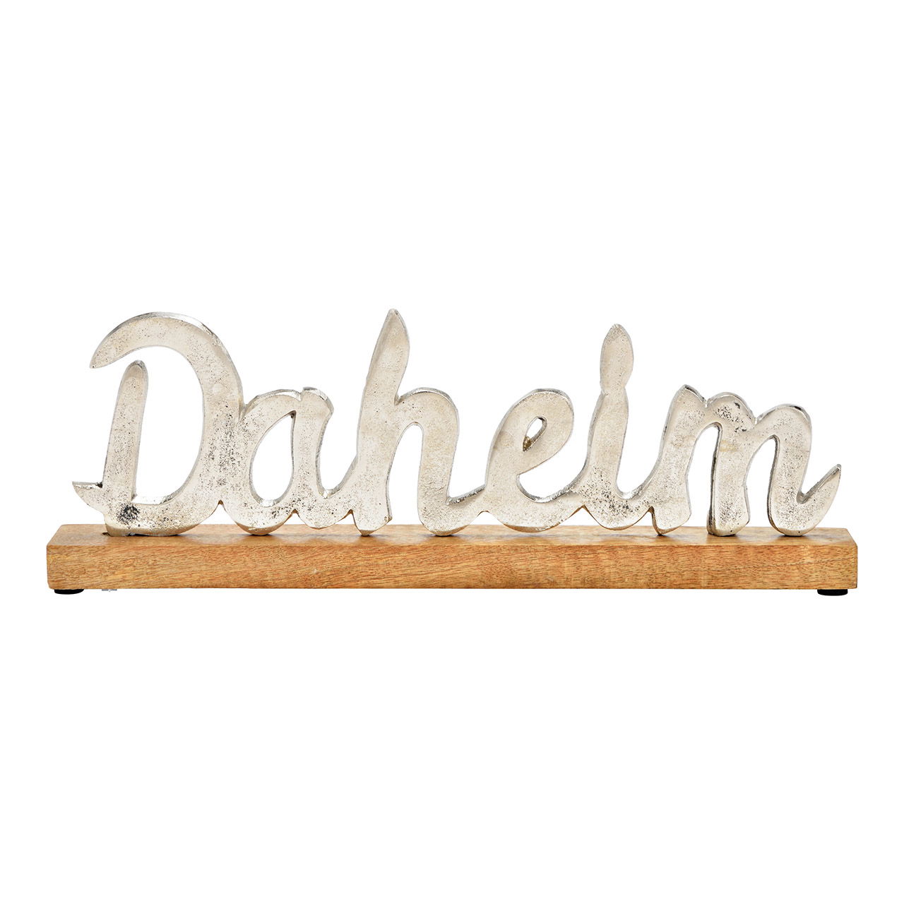 Display stand lettering, Daheim, on mango wood base made of silver metal (W/H/D) 40x14x5cm