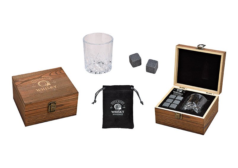 Juego de piedras para whisky, cubos de hielo de piedra de basalto 2x2x2cm, vaso 9x8x9cm, 300ml, juego gris de 6, en caja de madera (A/H/D) 18x10x16,6cm