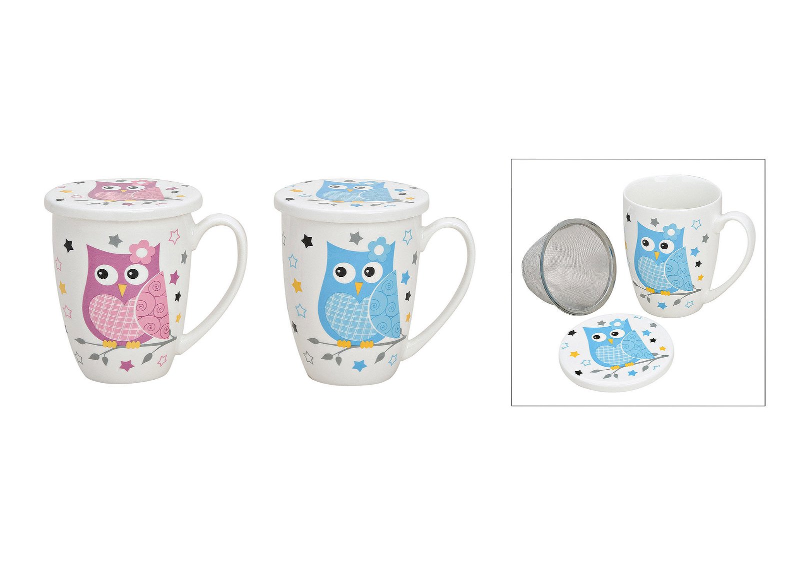 Tea cup porcelain w.lid+filter owl decor 2-ass. 10 cm