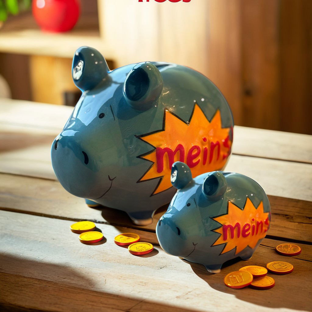 KCG Sparschwein "Meins!" aus Keramik, Blau/Rot/Gelb (B/H/T) 17x15x15cm Mittelschwein Sparschwein