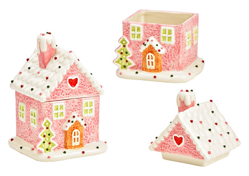 Boîte maison en pain d'épices en céramique rose/rose (L/H/P) 11x15x10cm