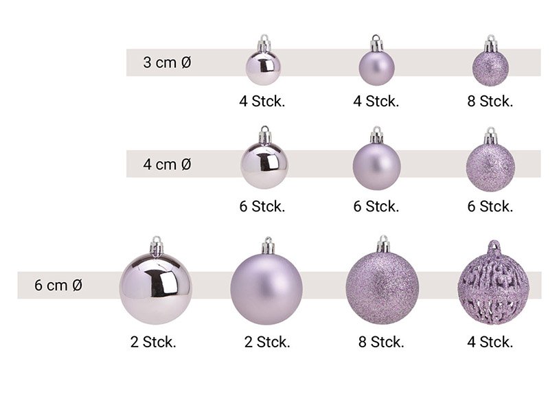 Plastic Christmas ball set lilac, set of 50, (W/H/D) 23x18x12cm Ø3/4/6cm