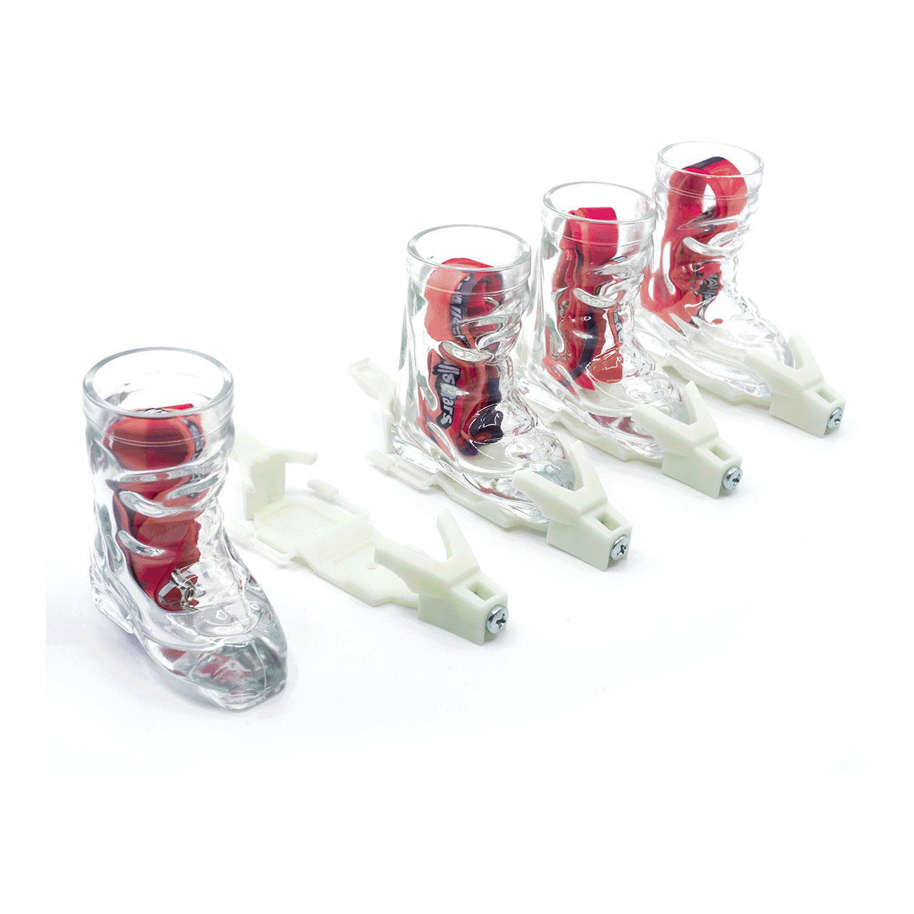 Apres-Allstars Chaussures de ski verre à liqueur set avec fixations, lanyards set de 4, en verre glow 4cl verre 69x36x74mm, fixations 110x38x24mm