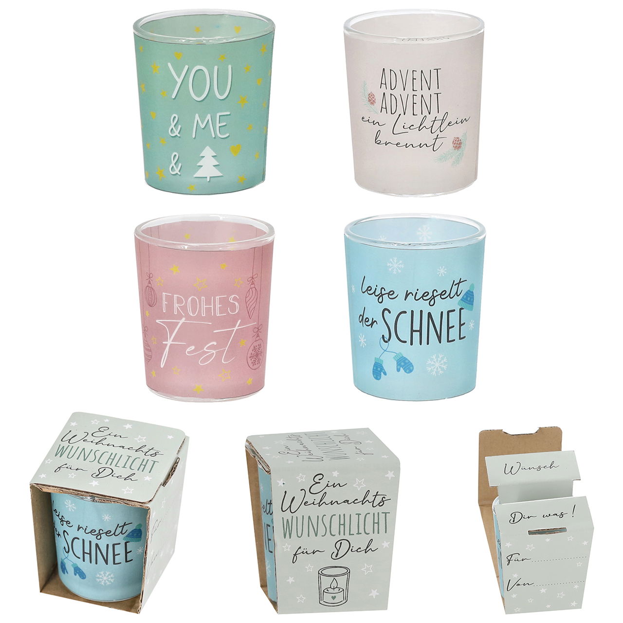 Wunschlicht XMAS aus Glas, 4-fach, Bunt (B/H/T) 5x6x5cm Wunschlicht XMAS aus Glas, 4-fach, Bunt (B/H/T) 5x6x5cm