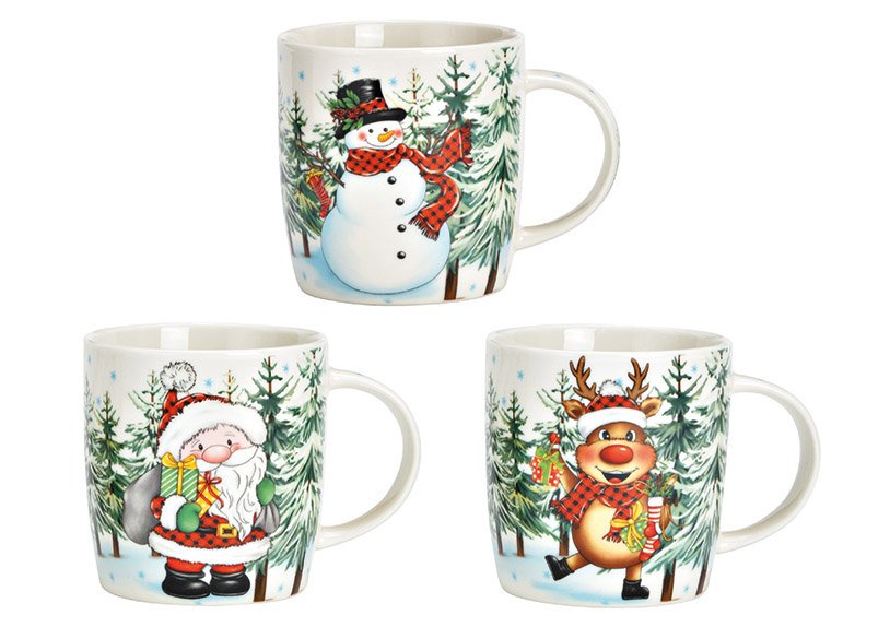 Tazza decorazione natalizia, Babbo Natale, pupazzo di neve, cervo di porcellana colorato a 3 pieghe, (L/H/D) 12x9x8cm 340ml