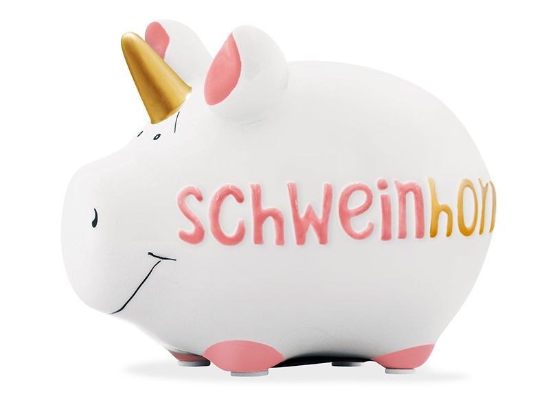 KCG Piggy bank "Pig horn" made of ceramic, white/pink/gold (W/H/D) 12.5x9x9cm Small pig Sparschwein