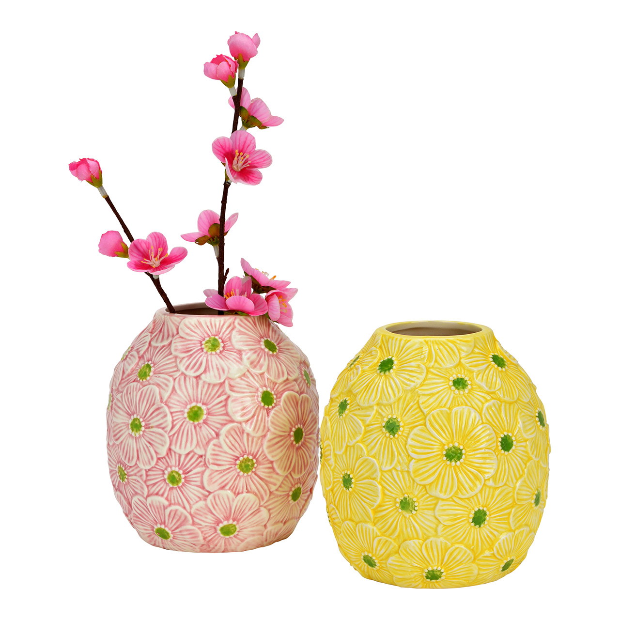 Vase Blumen Dekor aus Keramik, 2-fach, Gelb/Rosa (B/H/T) 13x14x13cm | 10045067