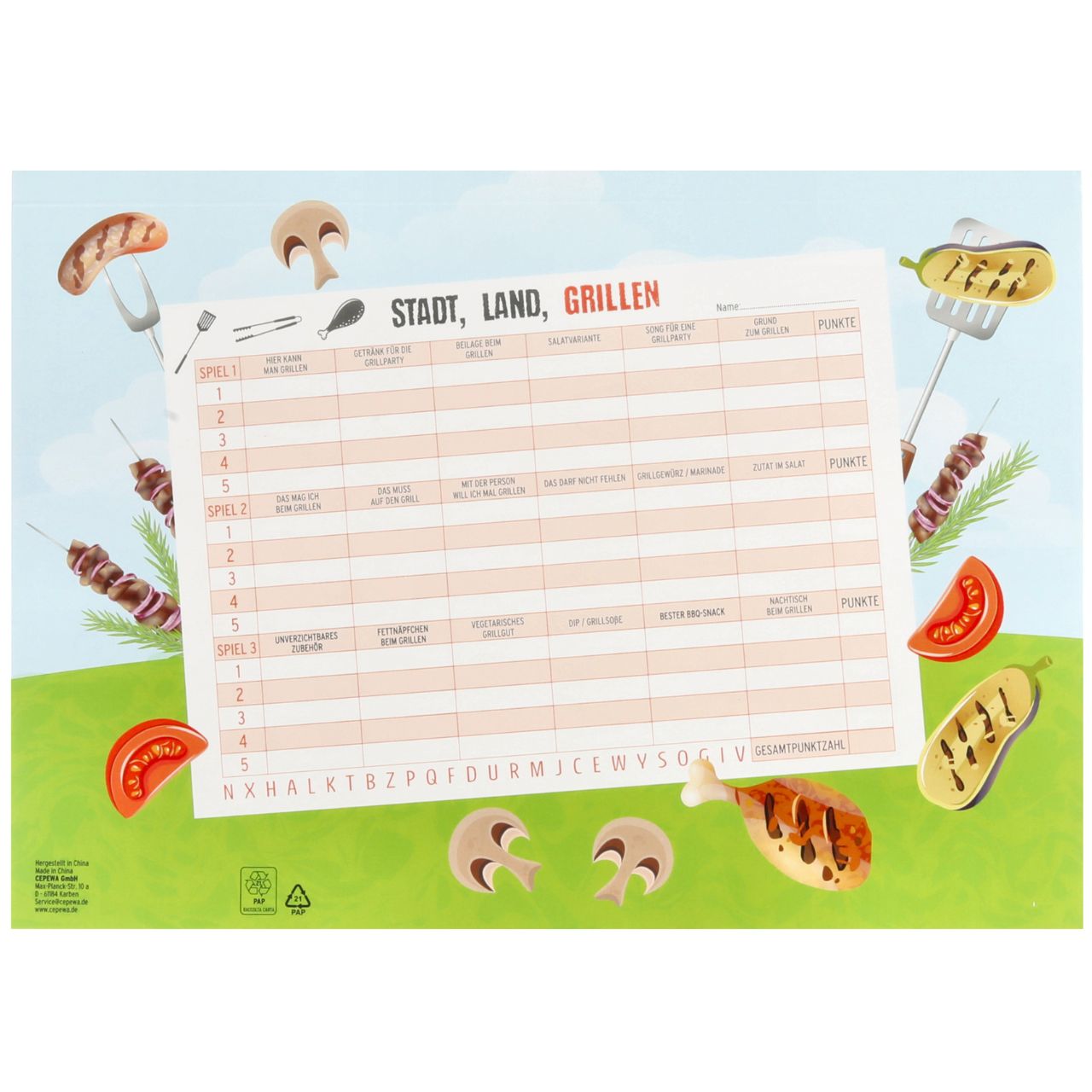 Grill-Set, Grillspiel, Stadt Land Grillen, Kartenspiel, Spielkarten