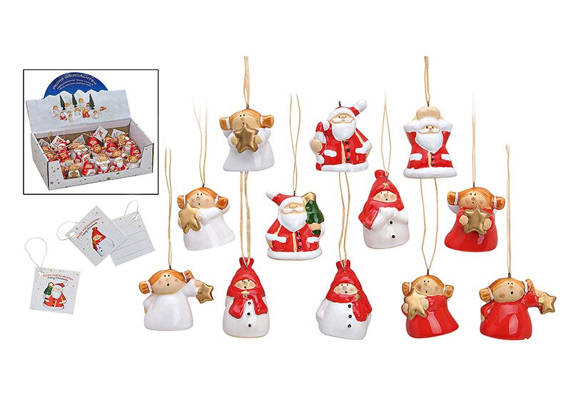 Mini kerstfiguurtjes om op te hangen, keramiek, assorti, 4 cm