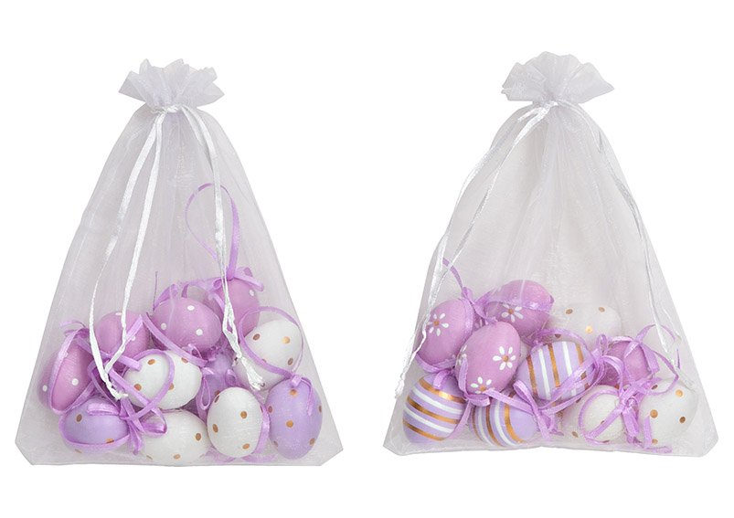 Set di uova di Pasqua appese 3x4x3cm 12-pc. in sacchetto di organza, in plastica viola, bianco 2-fold,