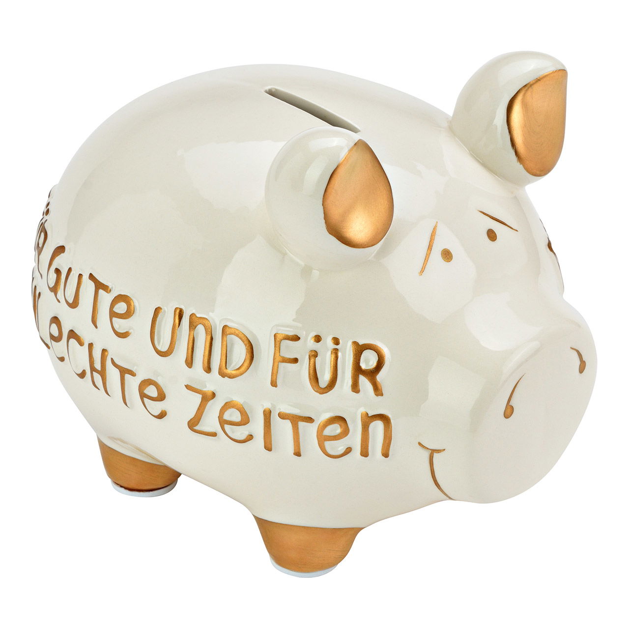 Salvadanaio KCG "Per il bene e per il male" in ceramica, bianco/giallo (L/H/D) 17x15x15cm Maiale centrale Sparschwein, Ei, Essen